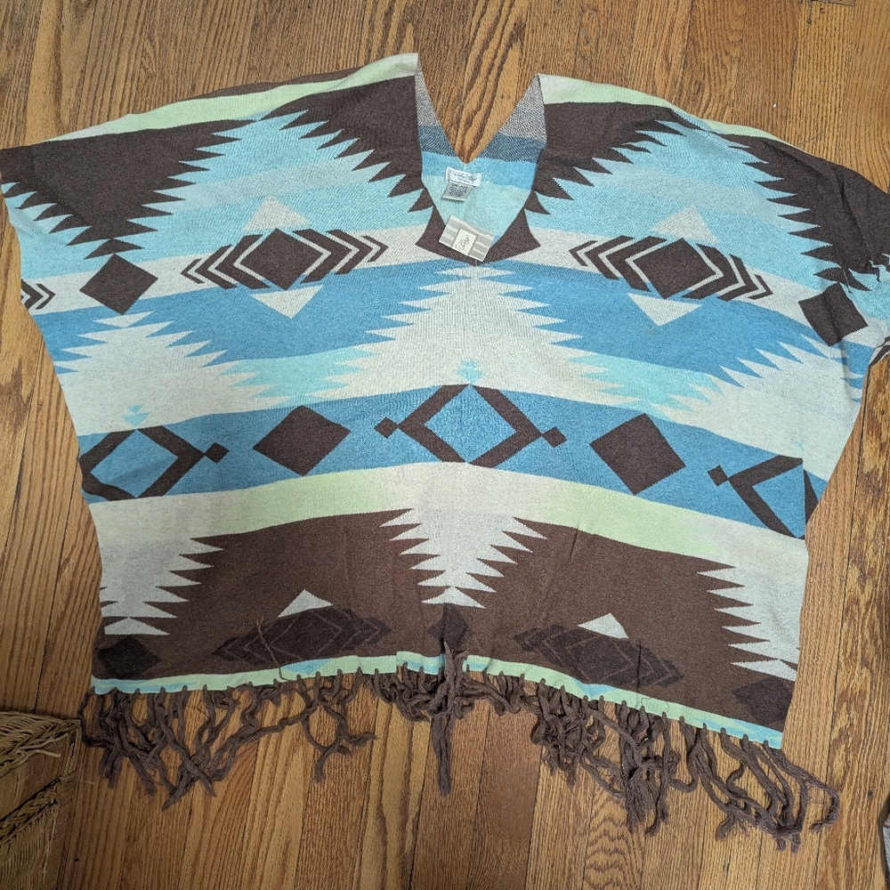 Blue And Brown Patterned Poncho - image 1